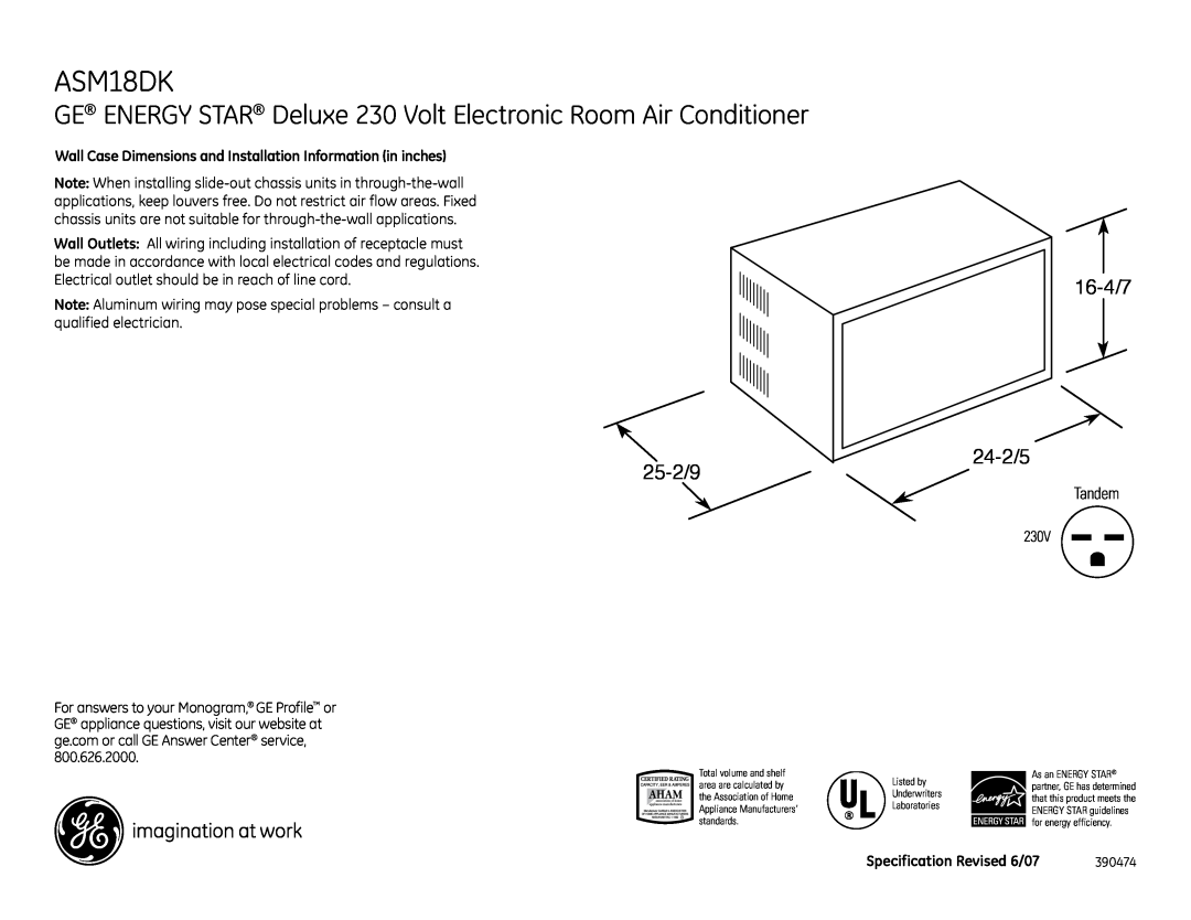 GE ASM18DK dimensions GE ENERGY STAR Deluxe 230 Volt Electronic Room Air Conditioner, Specification Revised 6/07, 25-2/9 