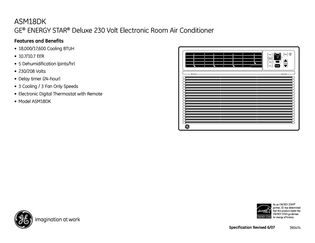 GE ASM18DK GE ENERGY STAR Deluxe 230 Volt Electronic Room Air Conditioner, Features and Benefits, 390474, Mode, Energy 