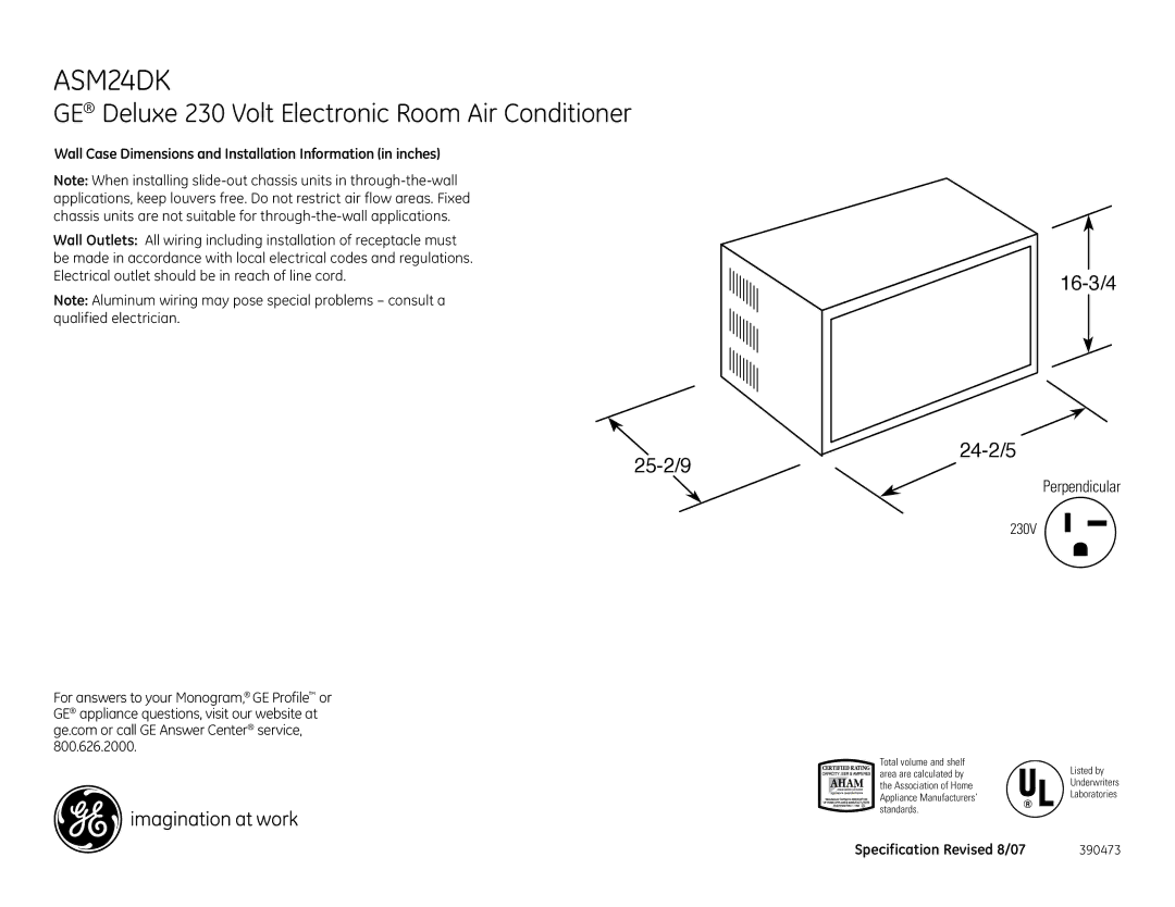 GE ASM24DK dimensions GE Deluxe 230 Volt Electronic Room Air Conditioner, 25-2/9 16-3/4 24-2/5, Perpendicular 