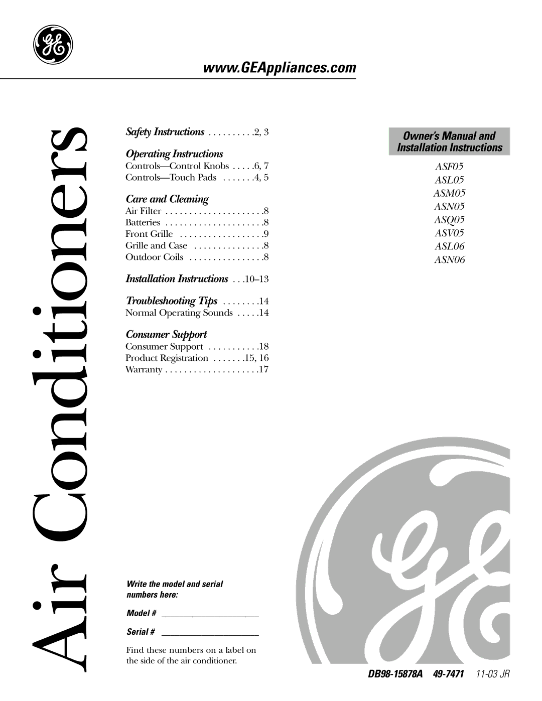 GE ASL06 operating instructions DB98-15878A 49-7471 11-03 JR, Write the model and serial numbers here Model # Serial # 