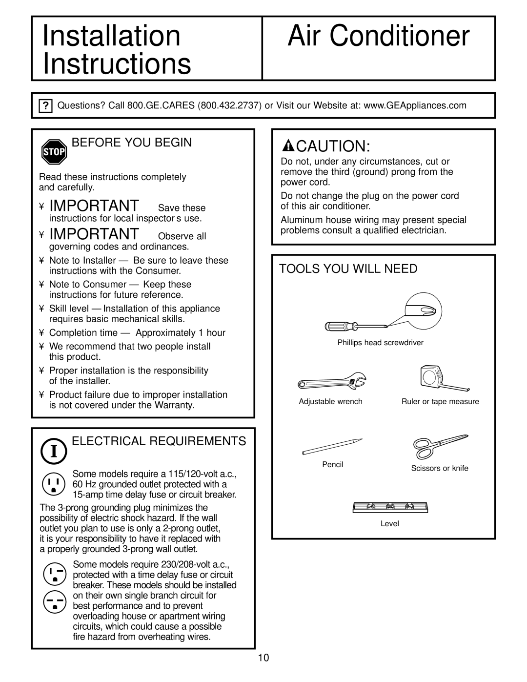 GE ASL05, ASN06, ASL06, ASF05, ASM05, ASN05, ASV05, ASQ05 Before YOU Begin, Electrical Requirements, Tools YOU will Need 