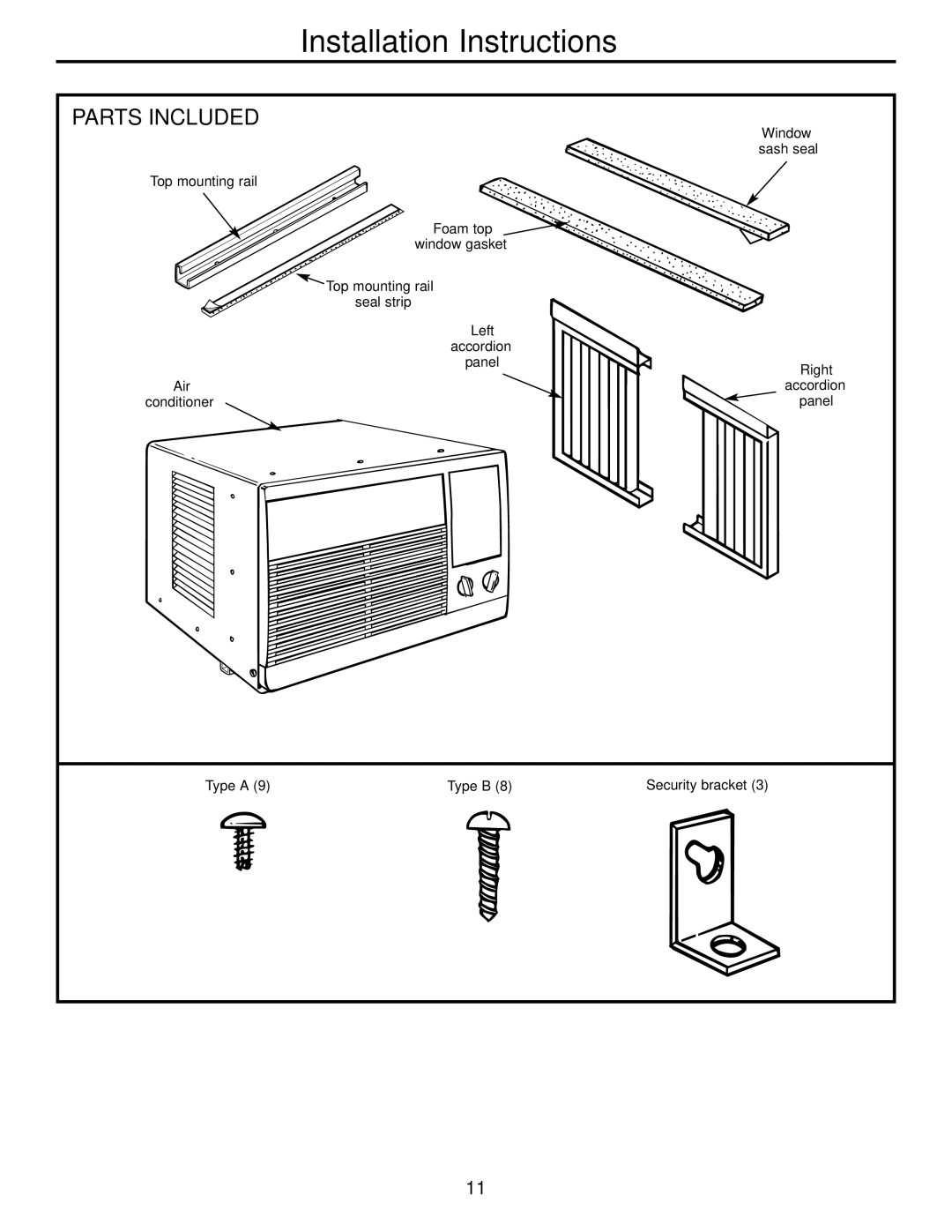 GE ASF05, ASN06, ASL06, ASL05, ASM05, ASN05, ASV05, ASQ05 operating instructions Installation Instructions, Parts Included 