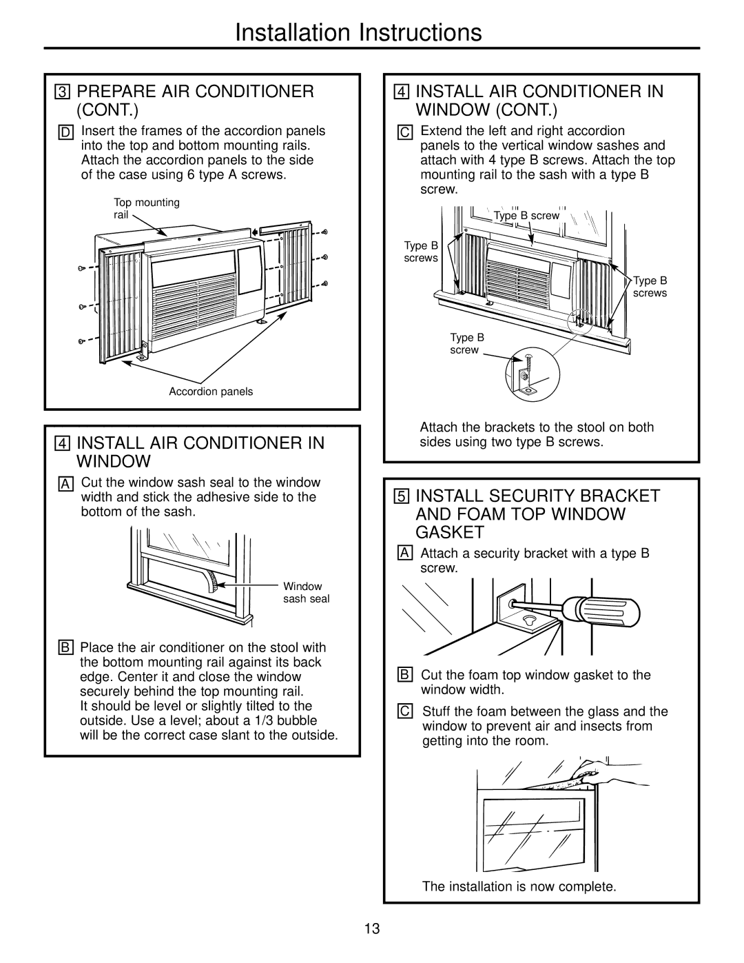 GE ASN05, ASN06, ASL06, ASL05, ASF05 Install AIR Conditioner in Window, Install Security Bracket and Foam TOP Window Gasket 