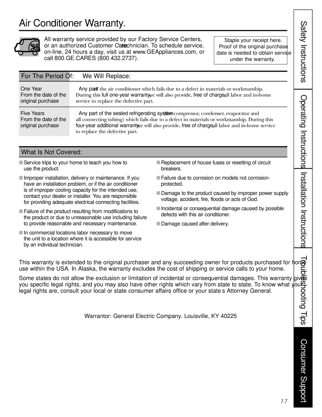 GE ASL06, ASN06 Air Conditioner Warranty, Troubleshooting Tips Consumer Support, We Will Replace, What Is Not Covered 