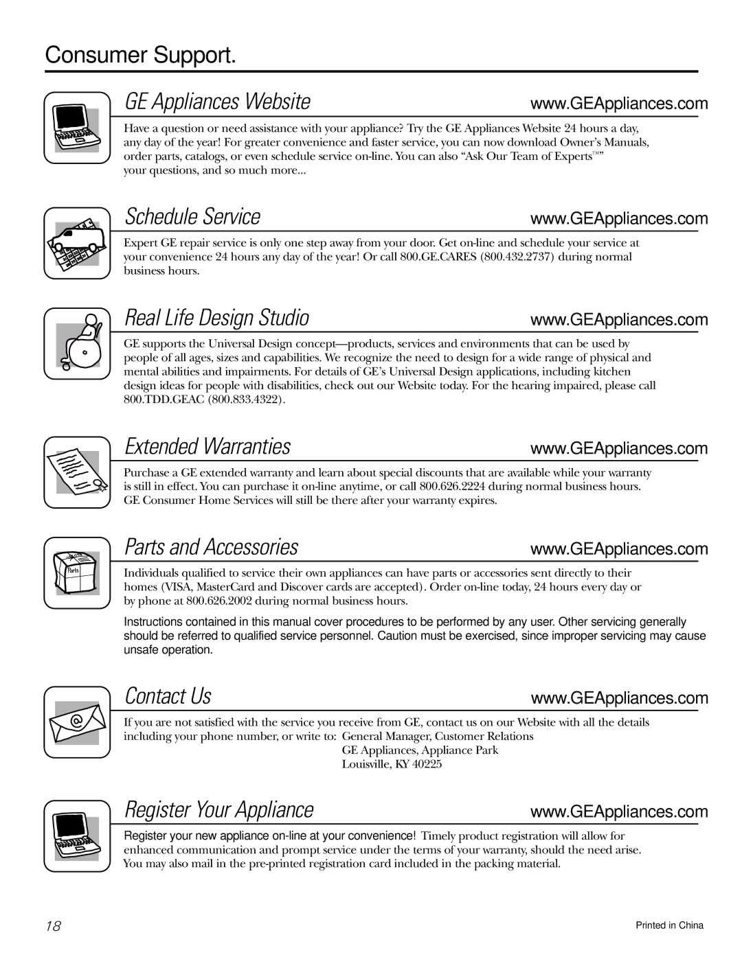 GE ASL05, ASN06 Consumer Support GE Appliances Website, Schedule Service, Real Life Design Studio, Extended Warranties 