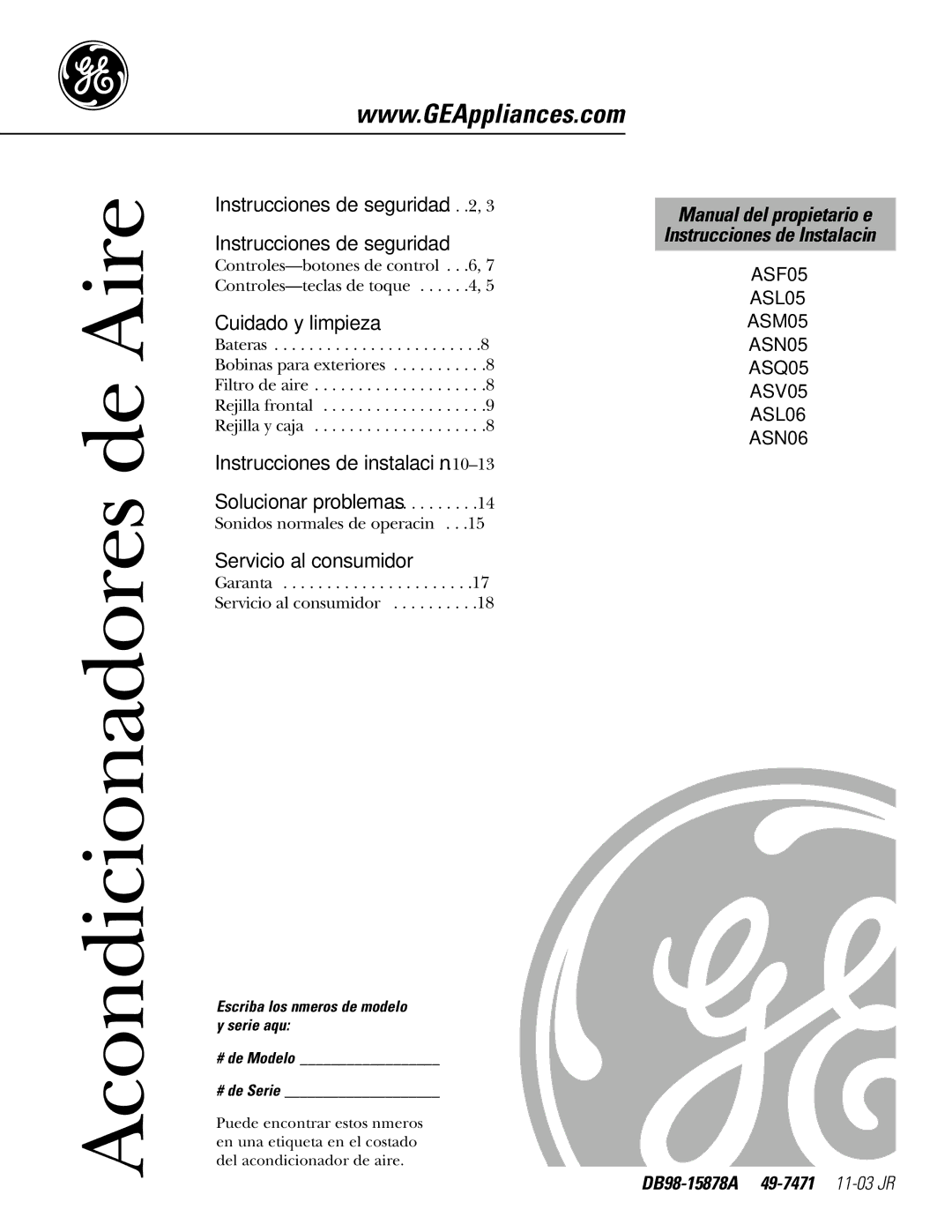 GE ASF05, ASN06, ASL06, ASL05, ASM05, ASN05, ASV05, ASQ05 operating instructions Acondicionadores de Aire 