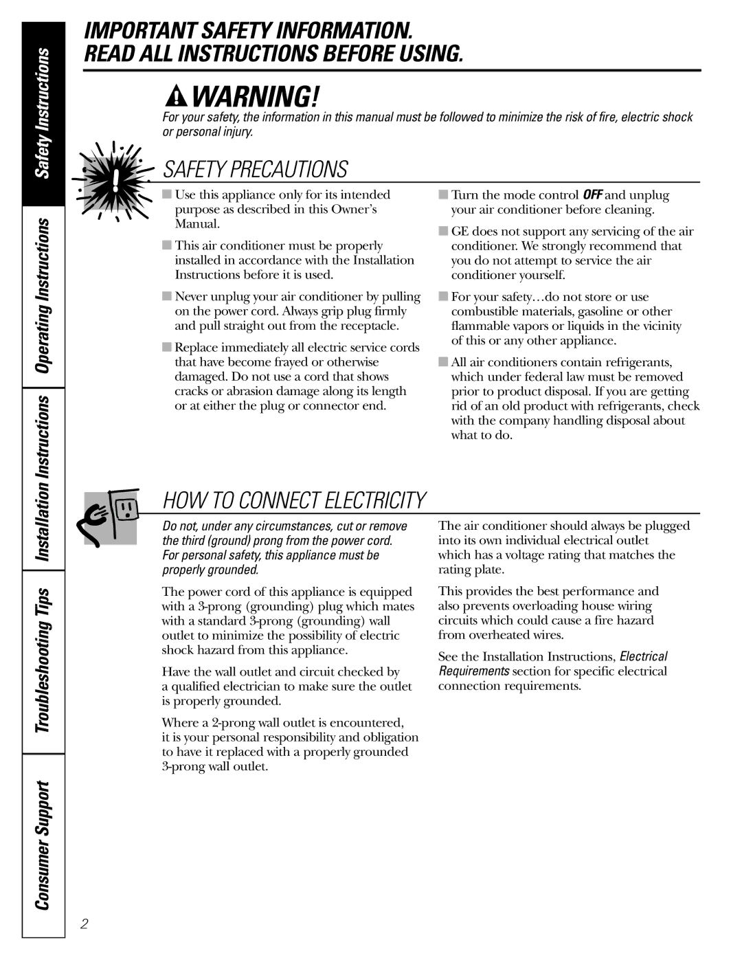 GE ASL05, ASN06, ASL06, ASF05, ASM05, ASN05, ASV05, ASQ05 operating instructions Safety Precautions 