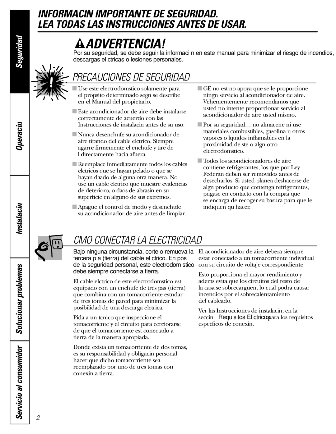 GE ASM05, ASN06, ASL06, ASL05, ASF05, ASN05, ASV05, ASQ05 operating instructions ¡Advertencia, Operación Instalación 