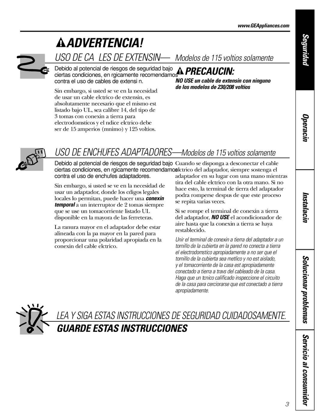 GE ASN05, ASN06, ASL06, ASL05, ASF05, ASM05, ASV05, ASQ05 operating instructions Seguridad, Solucionar problemas 