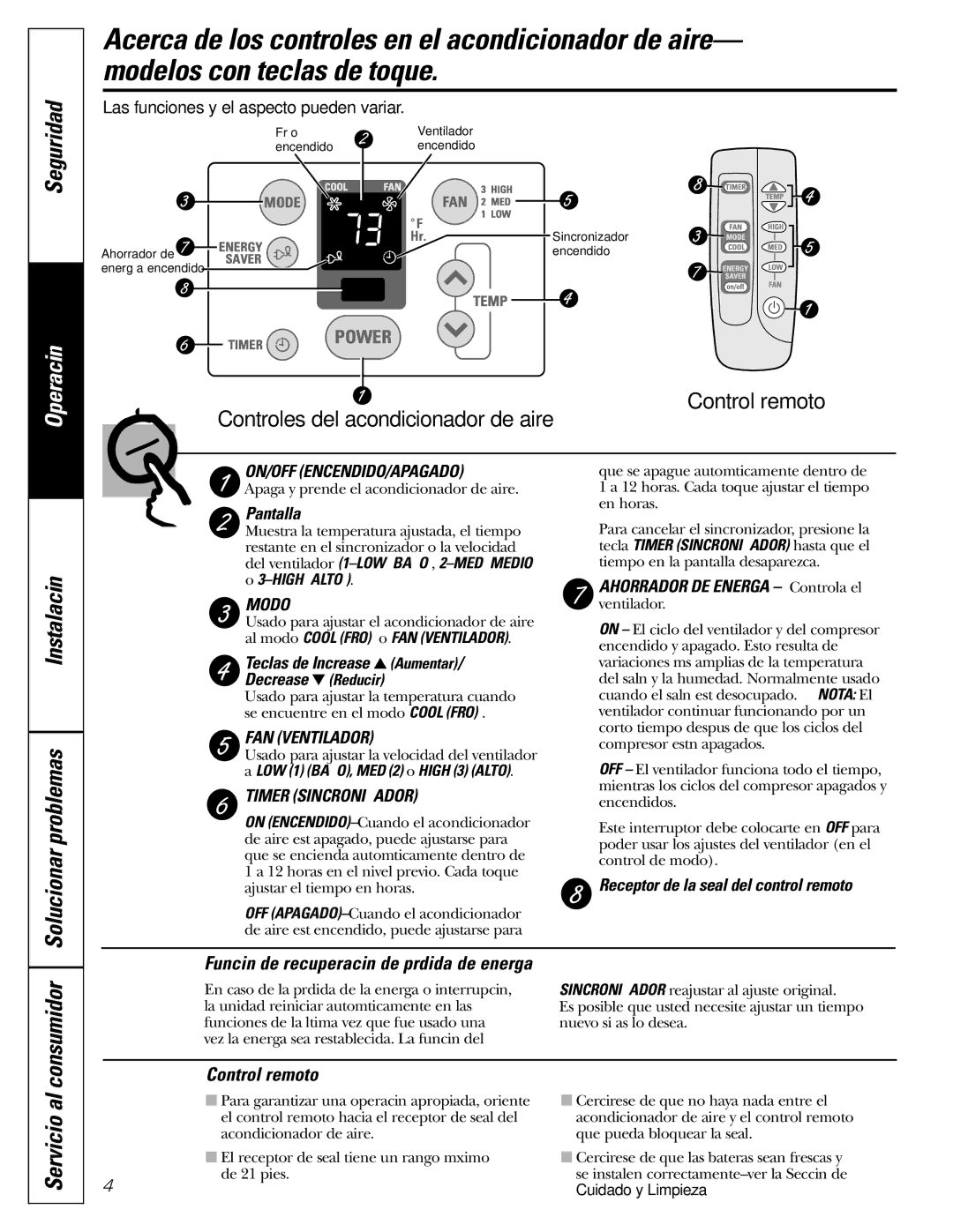 GE ASV05, ASN06, ASL06, ASL05, ASF05 Seguridad, Instalación Solucionar problemas, Consumidor, Servicio al, Control remoto 