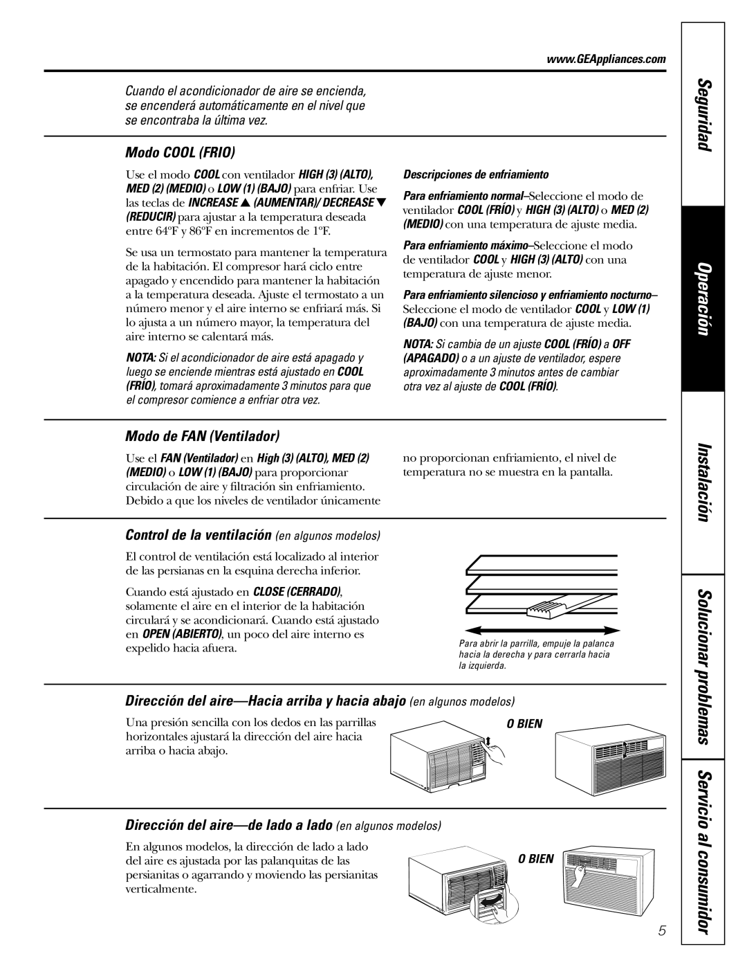 GE ASQ05, ASN06 Solucionar, Modo Cool Frio, Modo de FAN Ventilador, Dirección del aire-de lado a lado en algunos modelos 