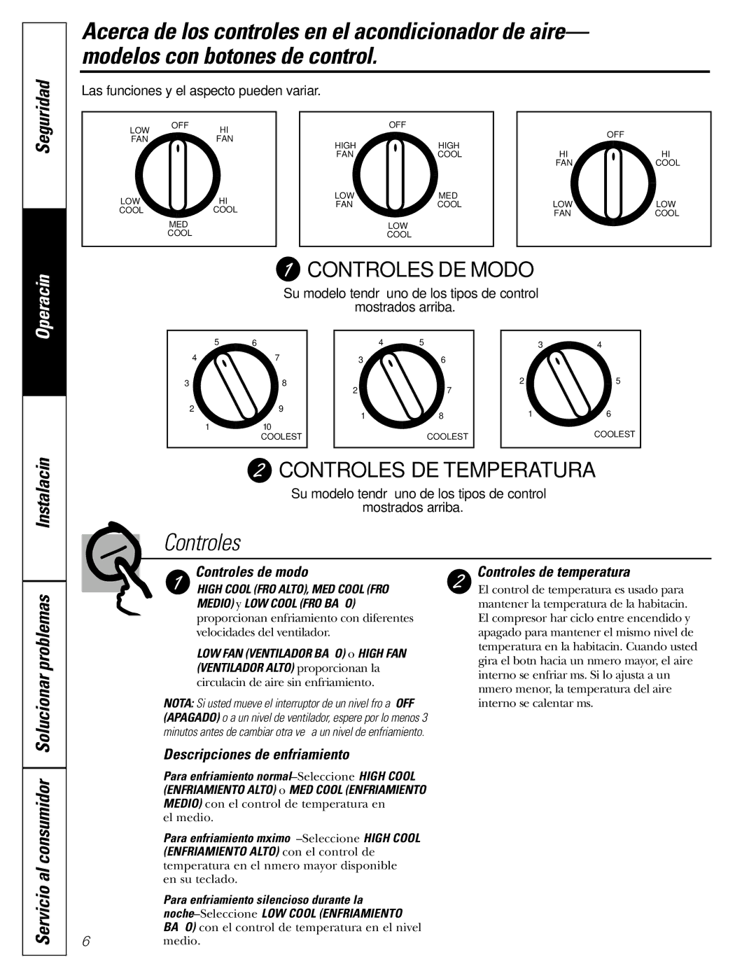 GE ASN06, ASL06, ASL05, ASF05, ASM05, ASN05, ASV05 Controles de modo, Descripciones de enfriamiento, Controles de temperatura 