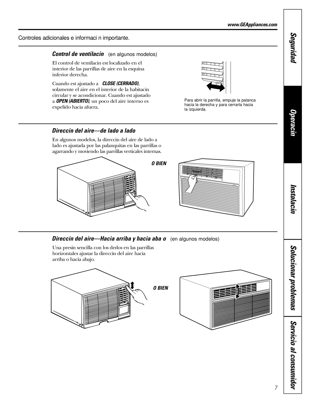 GE ASL06, ASN06, ASL05, ASF05, ASM05, ASN05, ASV05 Control de ventilación en algunos modelos, Dirección del aire-de lado a lado 