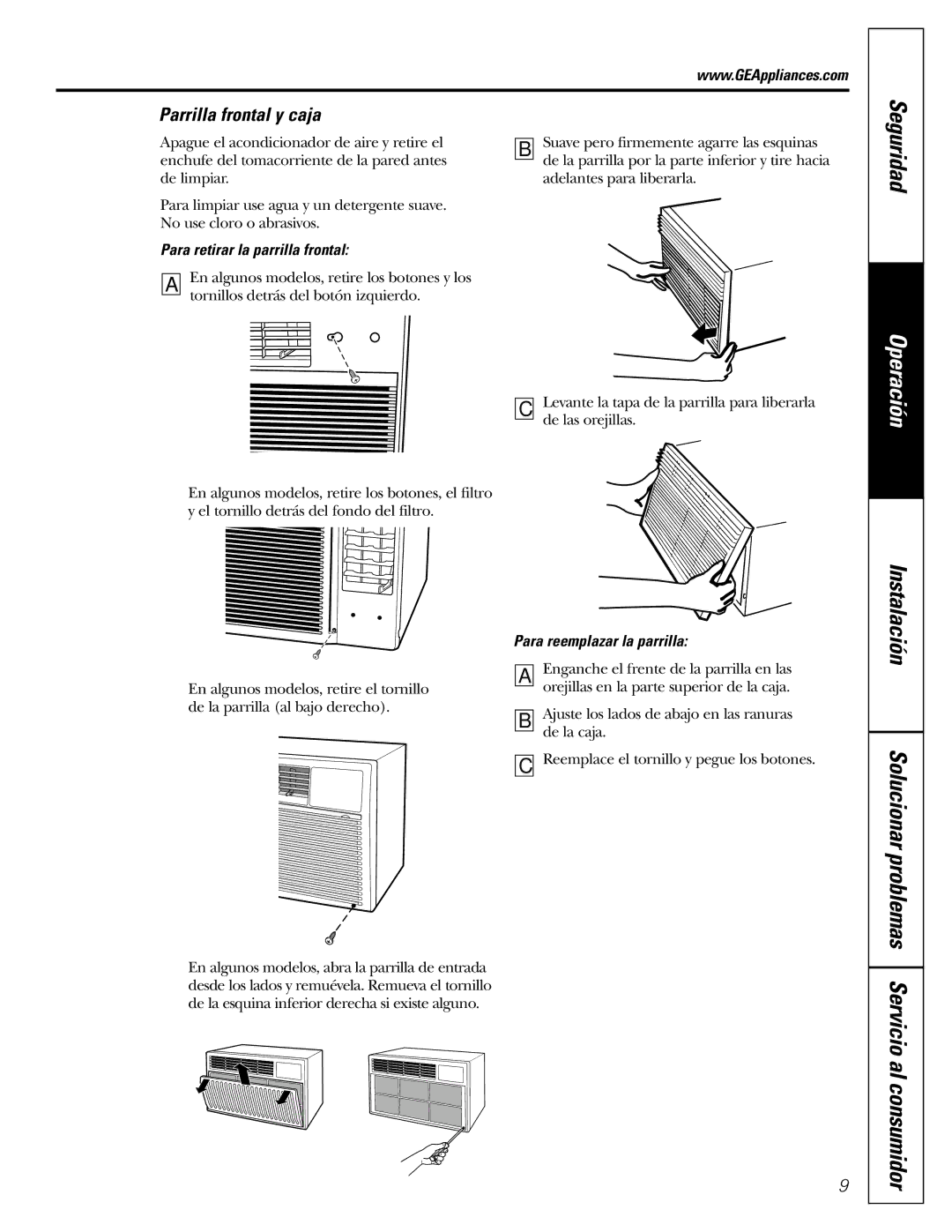 GE ASF05, ASN06, ASL06, ASL05, ASM05 Parrilla frontal y caja, Para retirar la parrilla frontal, Para reemplazar la parrilla 