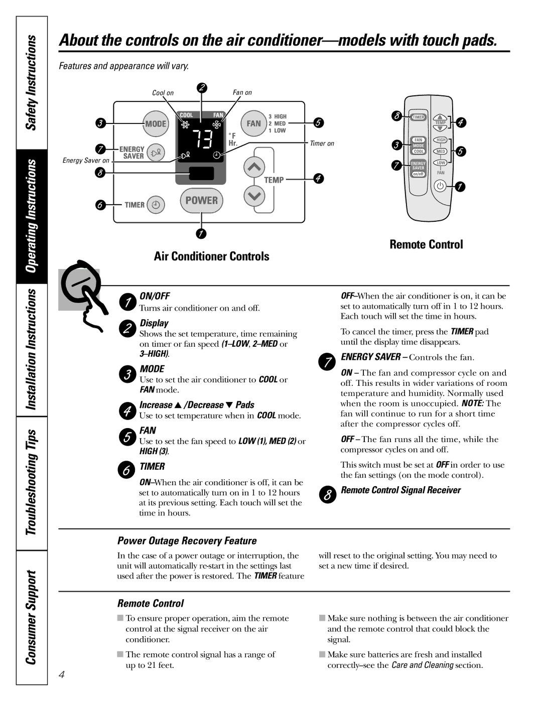 GE ASM05, ASN06, ASL06, ASL05, ASF05, ASN05, ASV05, ASQ05 Support, Consumer, Power Outage Recovery Feature, Remote Control 