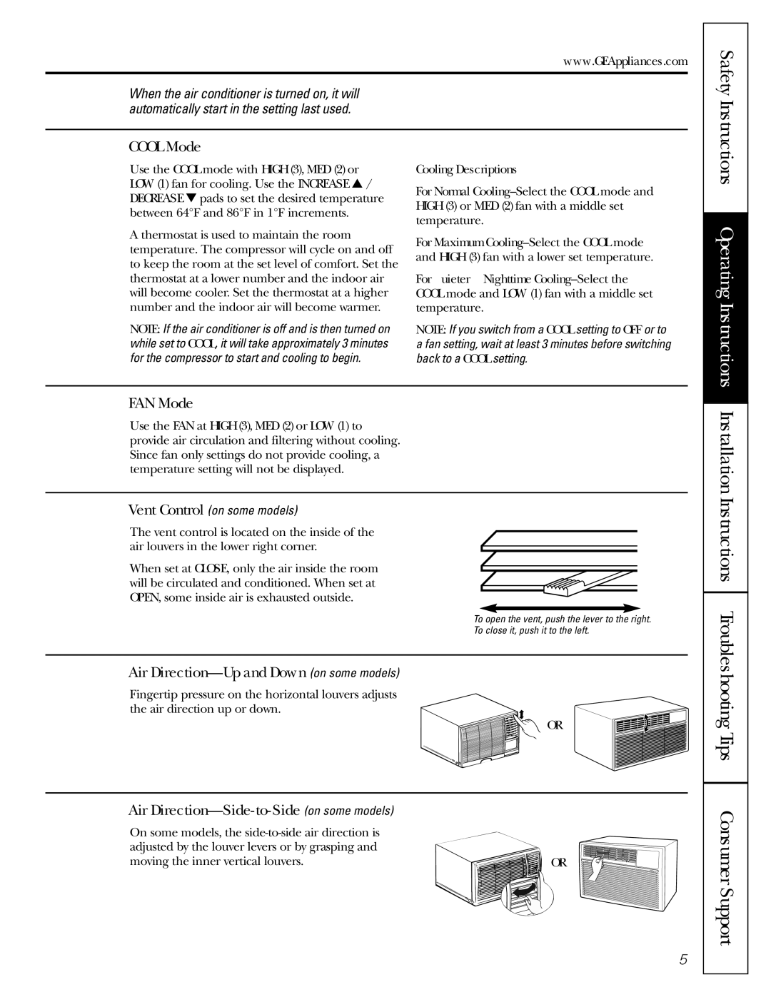 GE ASN05 Safety, Cool Mode, FAN Mode, Air Direction-Up and Down on some models, Air Direction-Side-to-Side on some models 