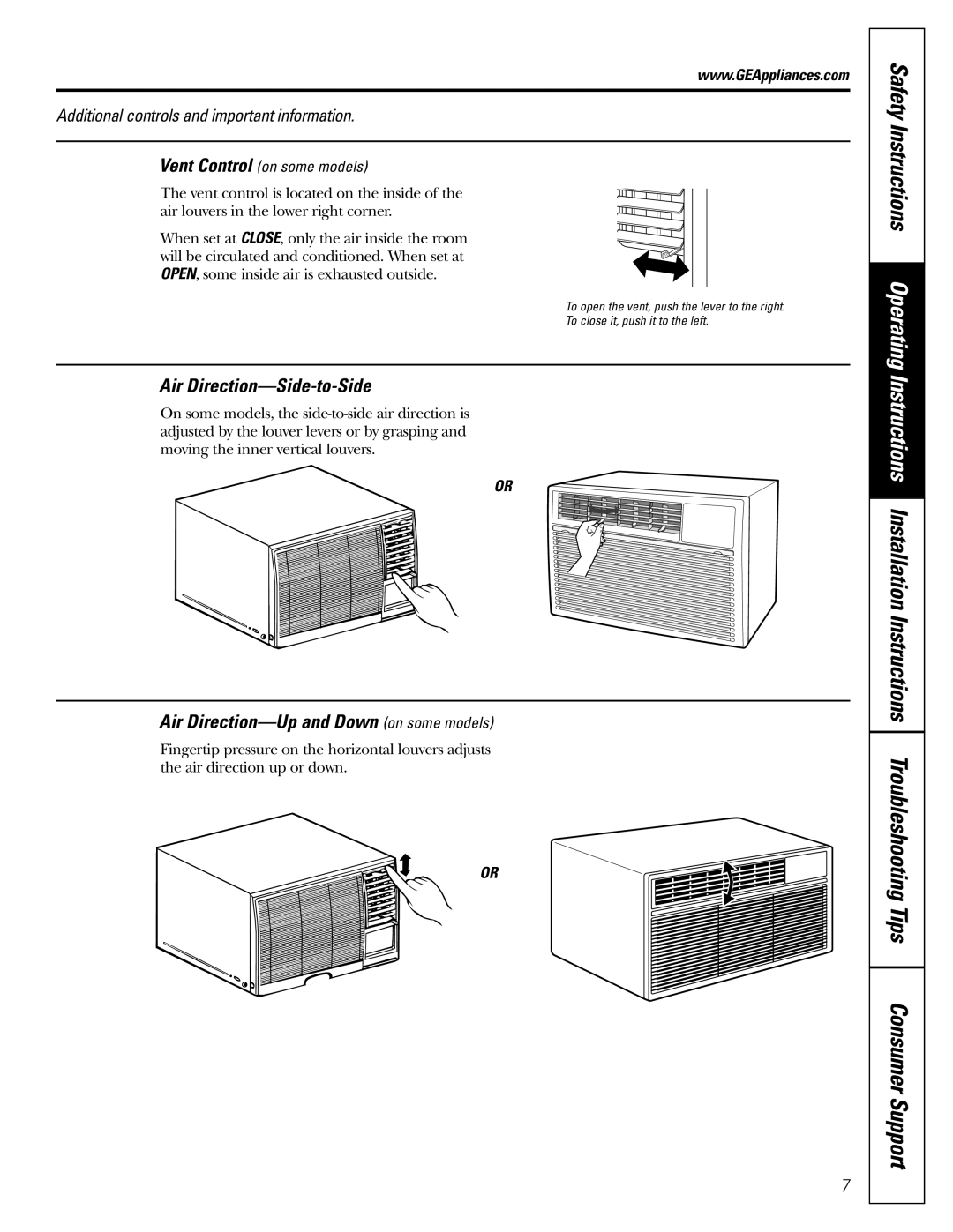 GE ASQ05, ASN06, ASL06, ASL05, ASF05, ASM05, ASN05 Air Direction-Side-to-Side, Additional controls and important information 