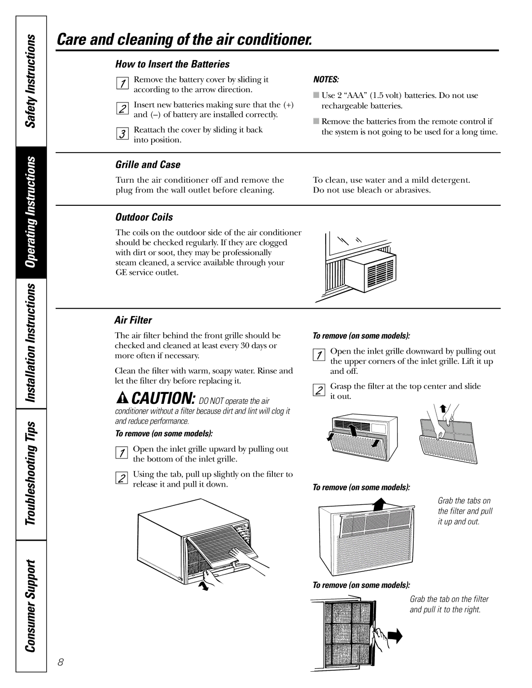 GE ASN06 Care and cleaning of the air conditioner, How to Insert the Batteries, Grille and Case, Outdoor Coils, Air Filter 