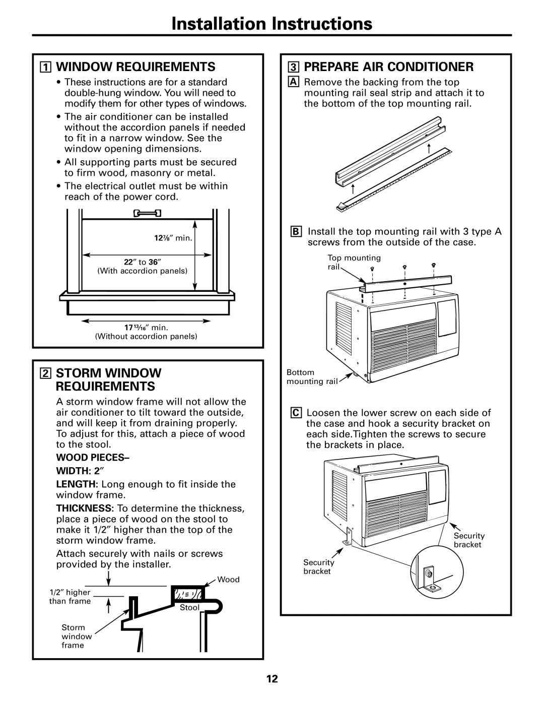 GE ASM05, ASN06 Installation Instructions, 1WINDOW REQUIREMENTS, 2STORM WINDOW REQUIREMENTS, 3PREPARE AIR CONDITIONER 