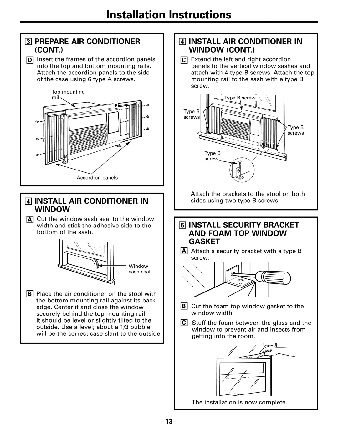 GE ASN05, ASN06, ASL06, ASL05 Installation Instructions, 3PREPARE AIR CONDITIONER CONT, 4INSTALL AIR CONDITIONER IN WINDOW 