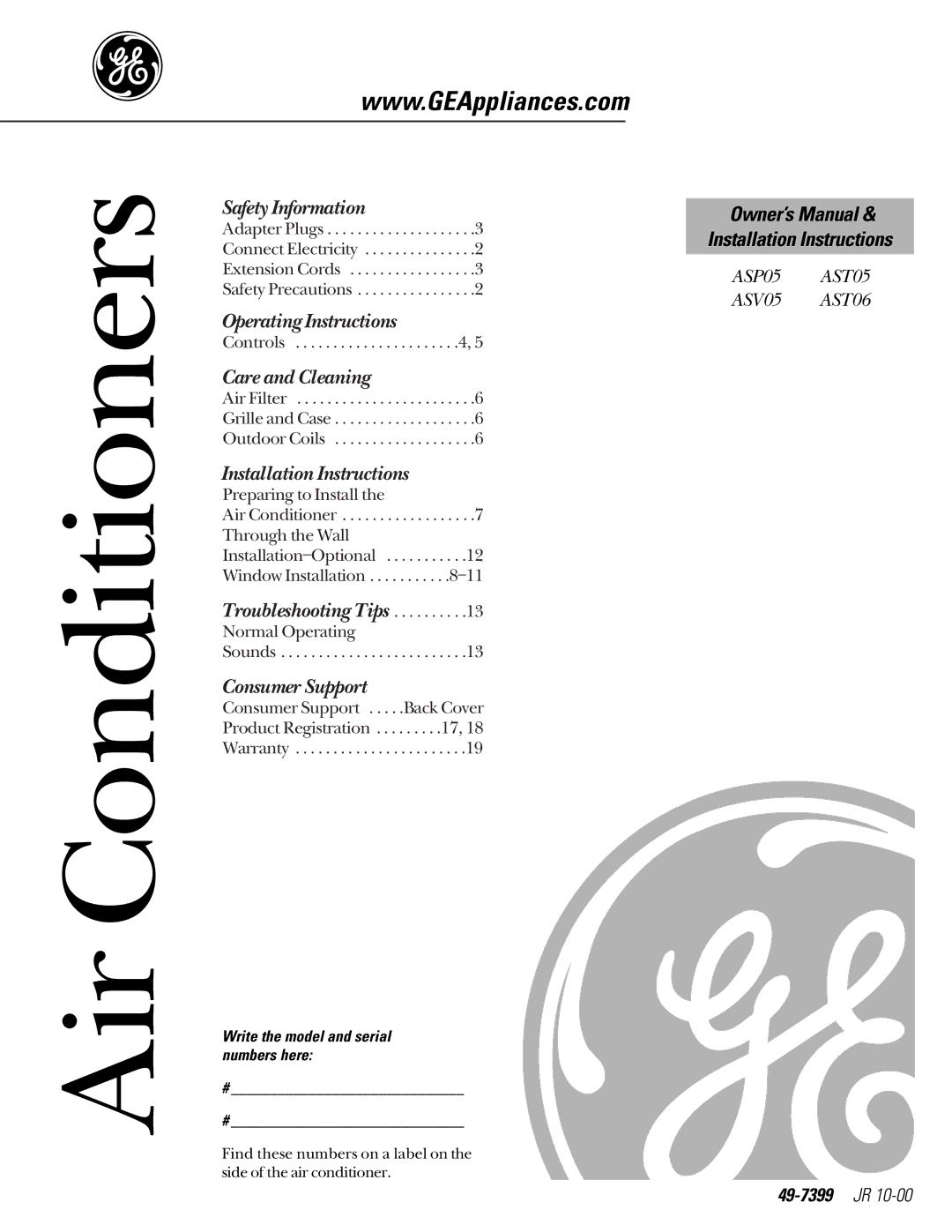 GE AST06, ASP05 installation instructions 49-7399 JR, Write the model and serial numbers here 