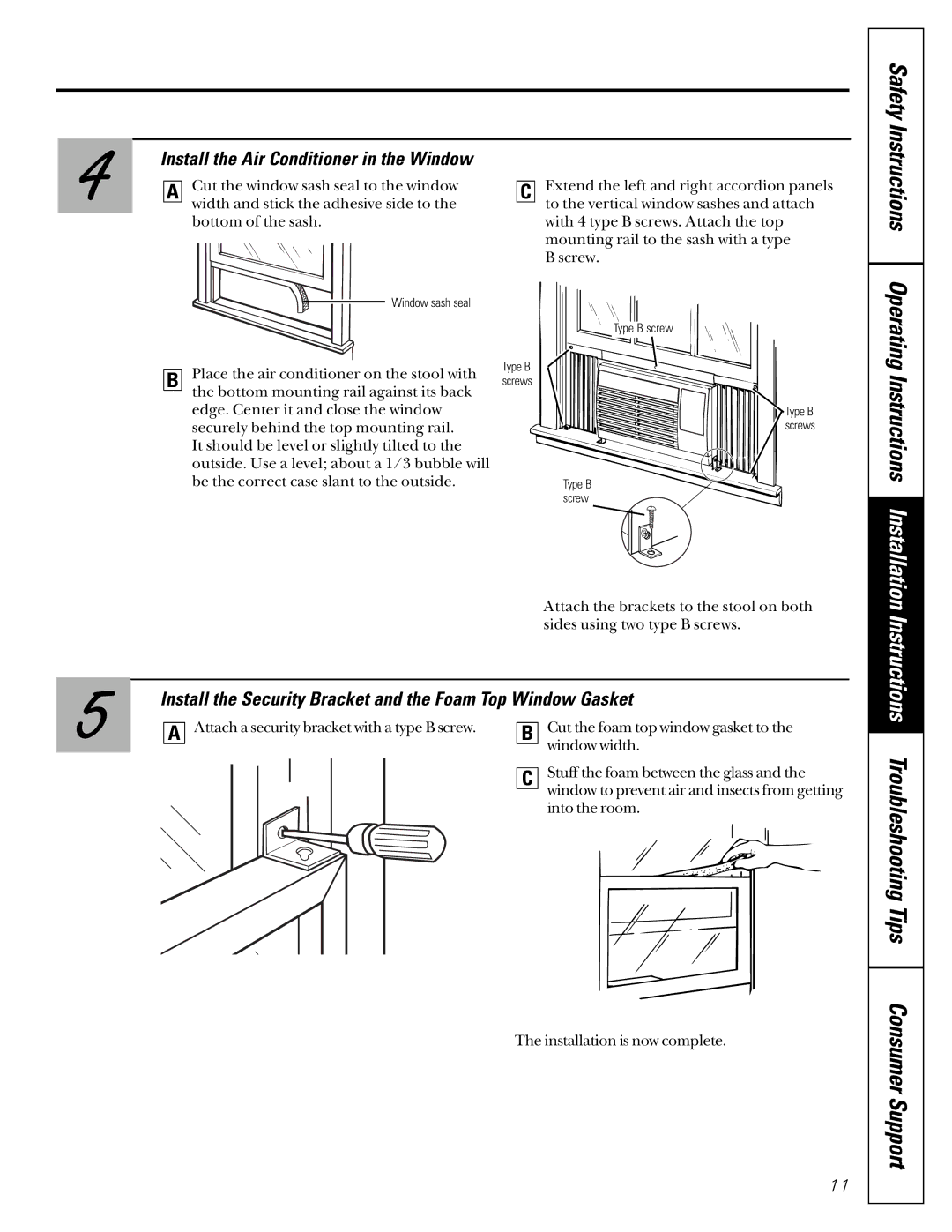 GE AST06, ASP05 installation instructions Install the Air Conditioner in the Window, Operating Instructions Installation 