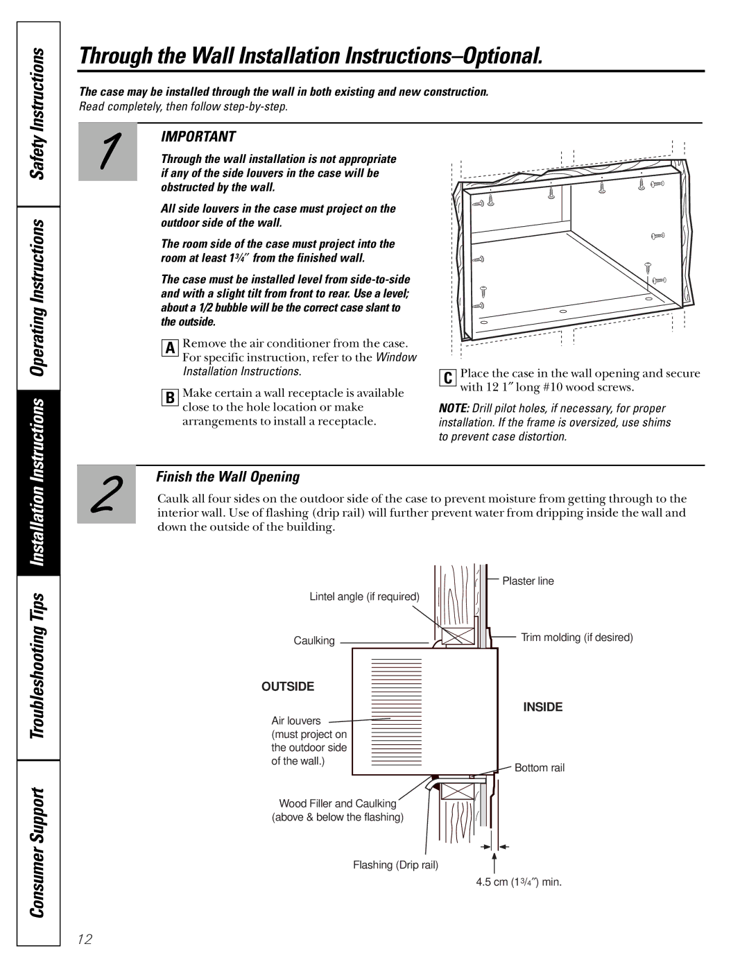 GE ASP05, AST06 installation instructions Through the Wall Installation Instructions-Optional, Finish the Wall Opening 