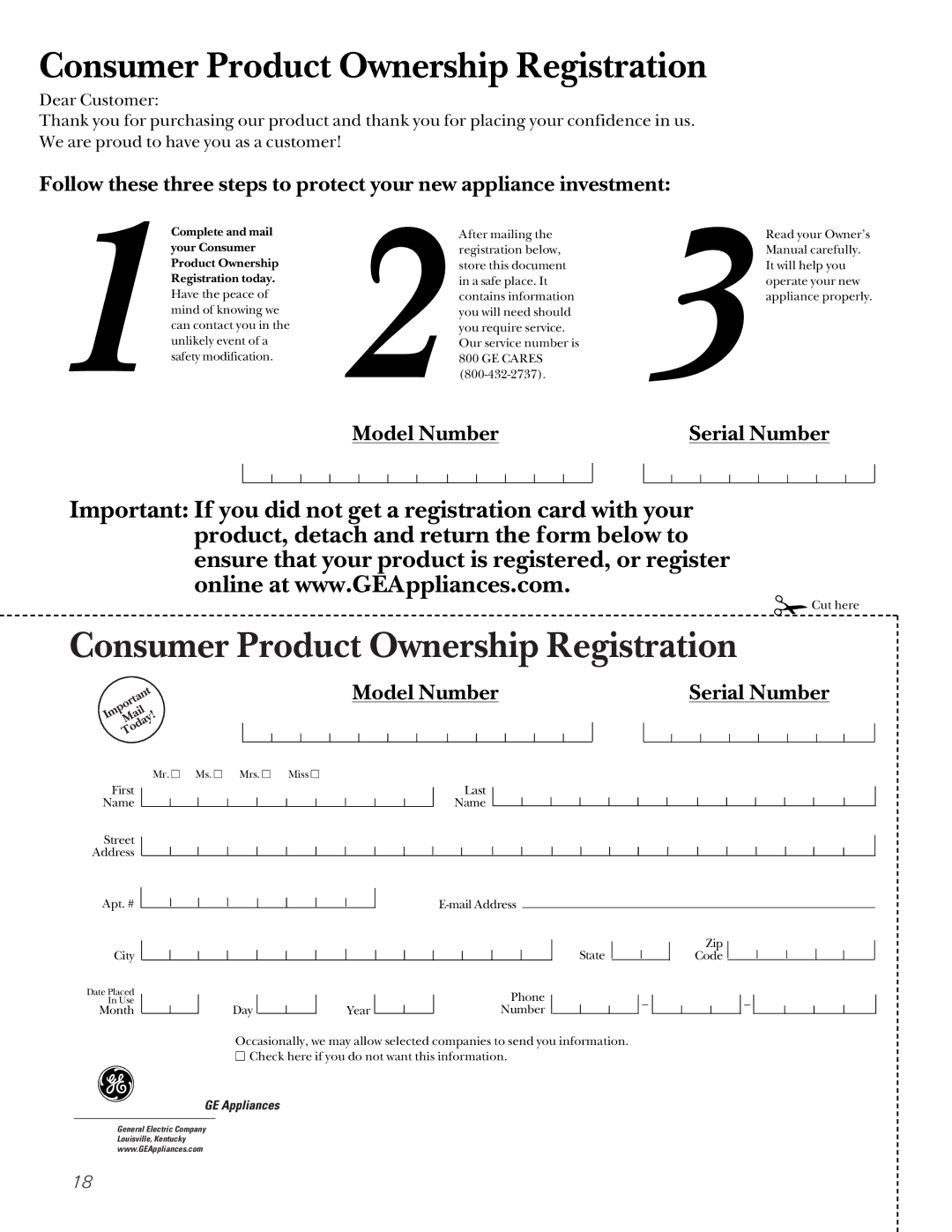 GE ASP05, AST06 installation instructions Consumer Product Ownership Registration 