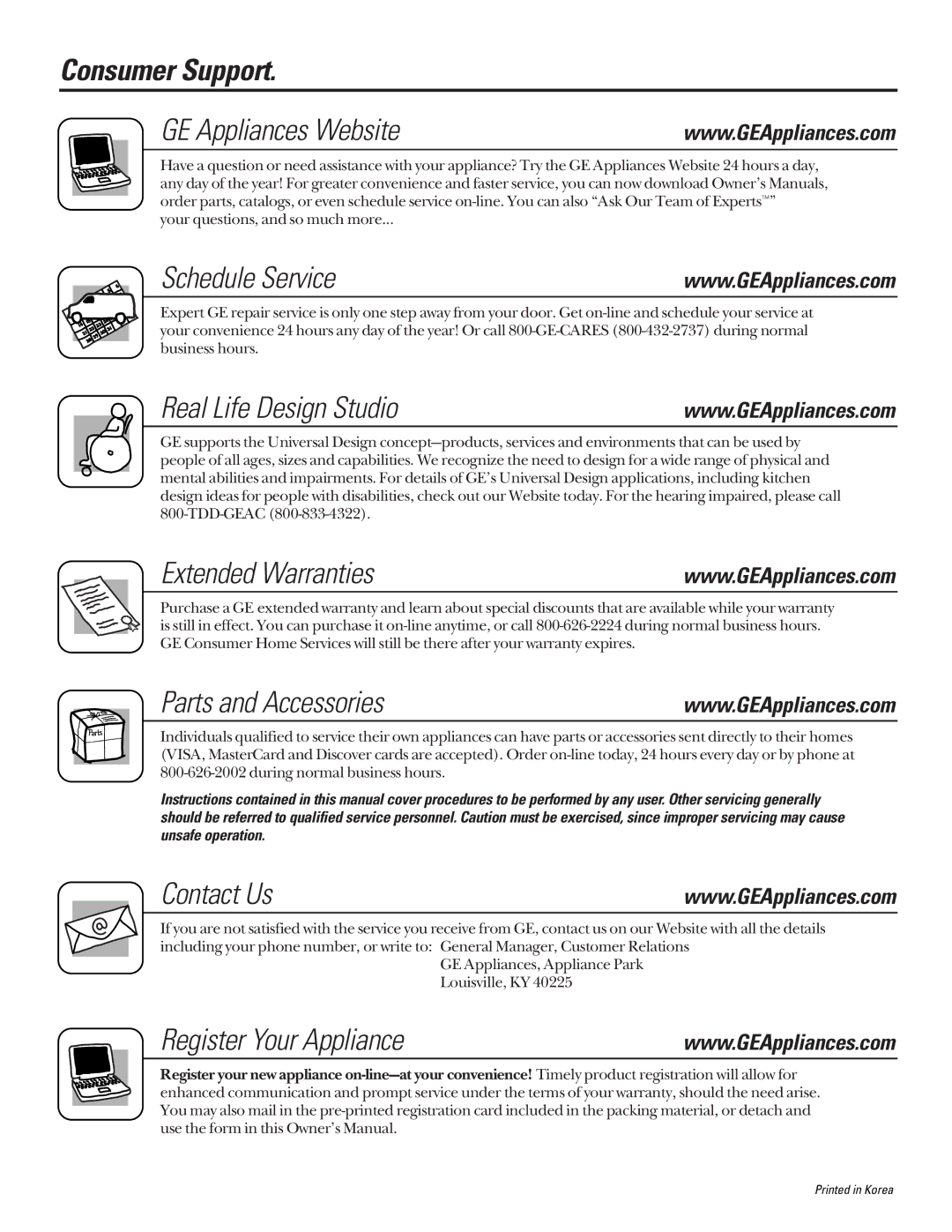 GE ASP05, AST06 Consumer Support GE Appliances Website, Schedule Service, Real Life Design Studio, Extended Warranties 