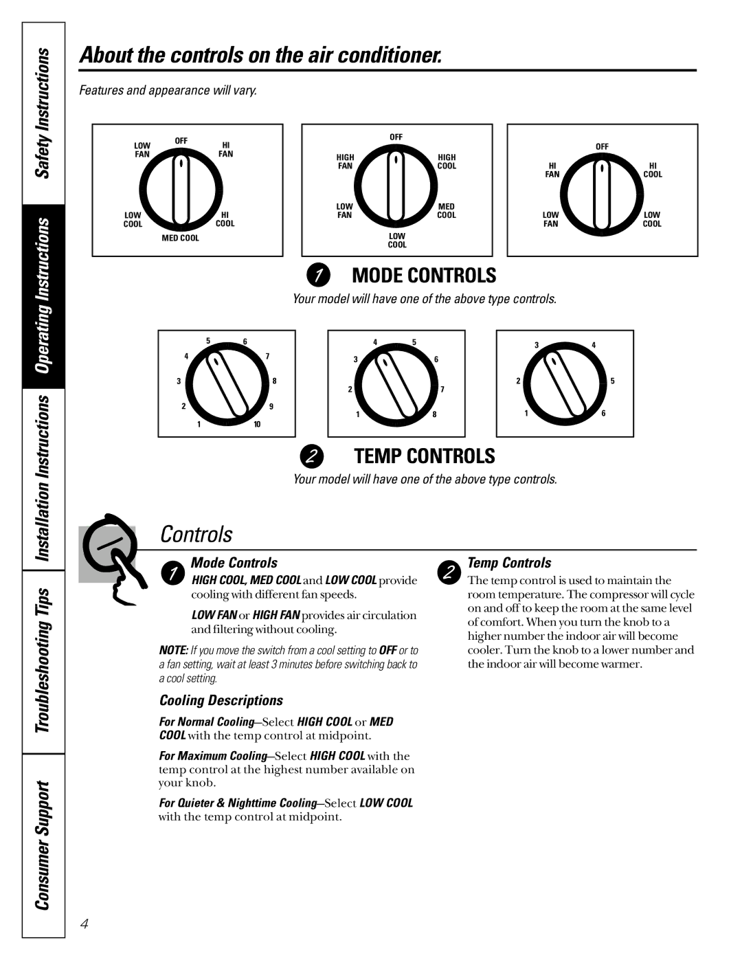 GE ASP05, AST06 About the controls on the air conditioner, Mode Controls, Temp Controls, Cooling Descriptions 