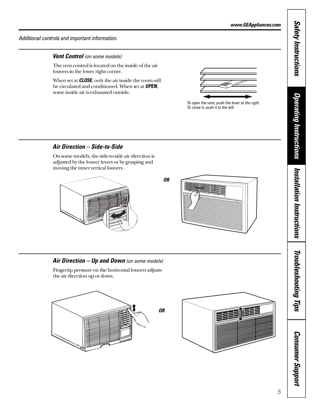 GE AST06, ASP05 installation instructions Air Direction Side-to-Side, Air Direction Up and Down on some models 