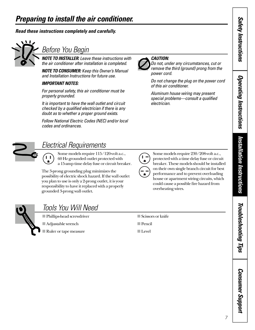 GE AST06, ASP05 Preparing to install the air conditioner, Read these instructions completely and carefully 