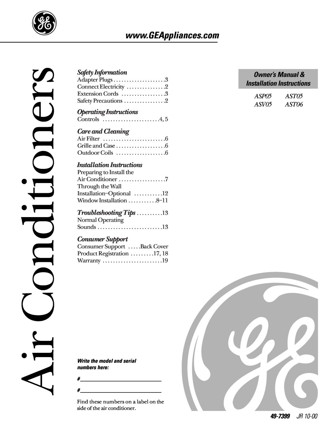 GE ASP05 owner manual 49-7420-1 11-01JR, Air Conditioners, Operating Instructions, Care and Cleaning, Troubleshooting Tips 