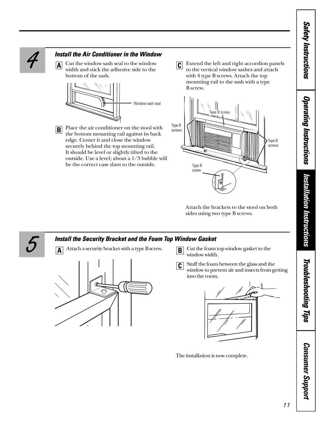 GE AST06, ASP05 Safety Instructions, Install the Air Conditioner in the Window, Operating Instructions Installation 