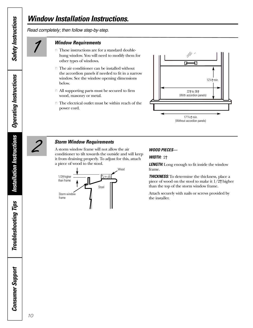 GE ASP05 owner manual Operating Instructions Safety, Storm Window Requirements 