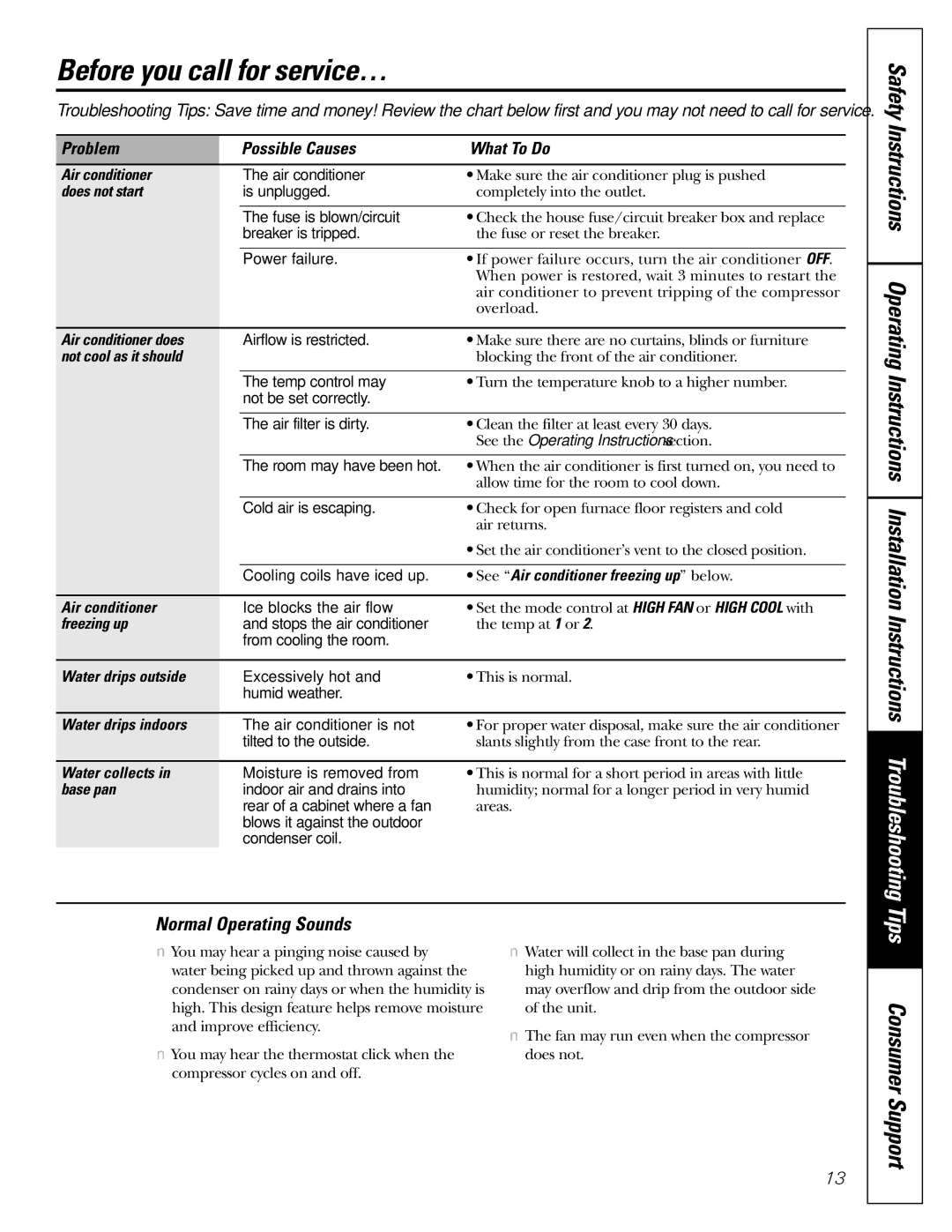 GE ASP05 owner manual Before you call for service…, Normal Operating Sounds 