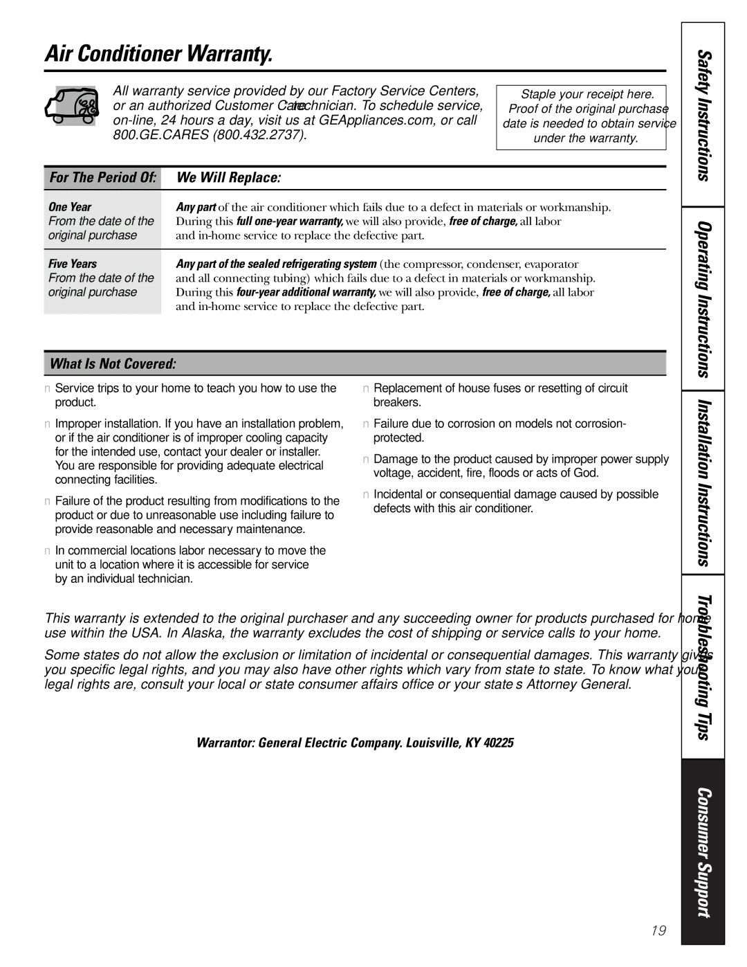 GE ASP05 Air Conditioner Warranty, Safety Instructions Operating Instructions, We Will Replace, What Is Not Covered 