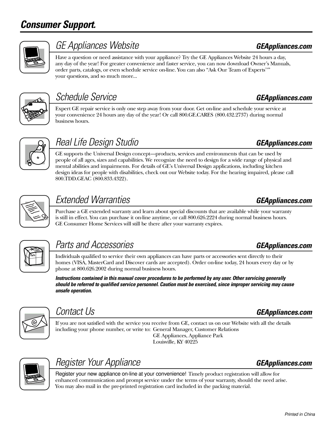 GE ASP05 Consumer Support GE Appliances Website, Schedule Service, Real Life Design Studio, Extended Warranties 