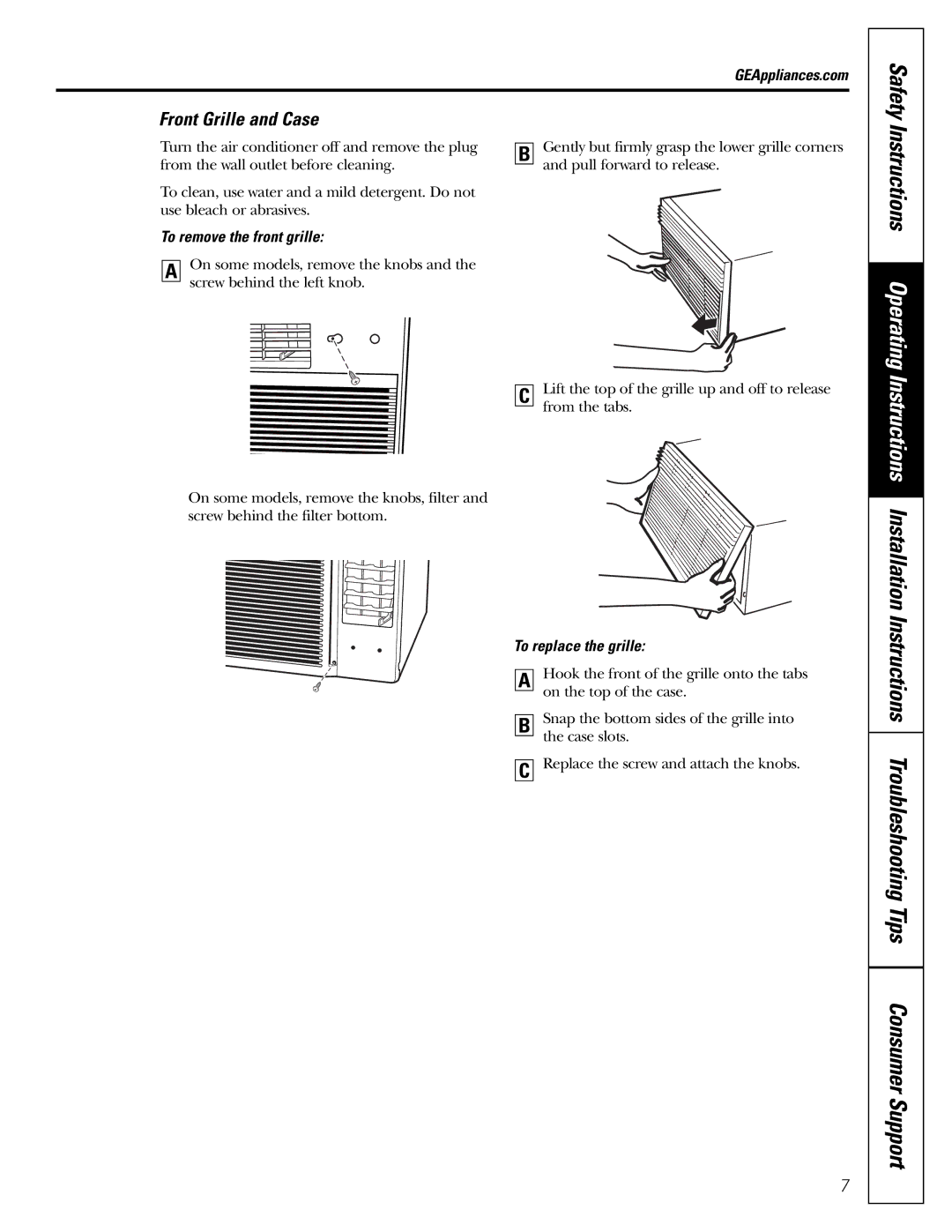 GE ASP05 Safety, Instructions Operating, Front Grille and Case, To remove the front grille, To replace the grille 