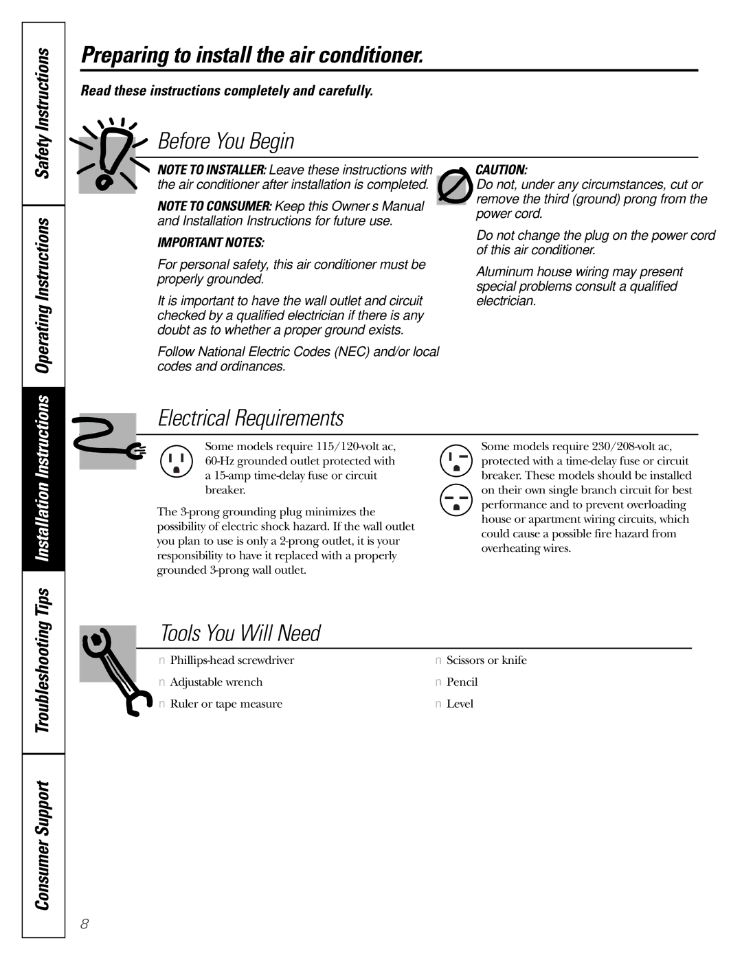 GE ASP05 owner manual Preparing to install the air conditioner, Safety Instructions, Operating Instructions 