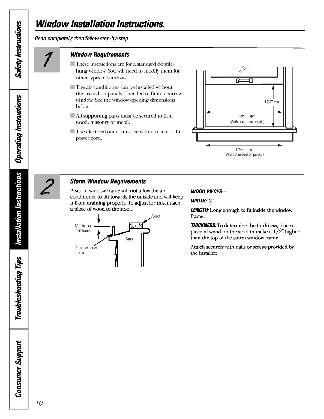 GE ASP05 owner manual Operating Instructions Safety, Storm Window Requirements, Window Installation Instructions 