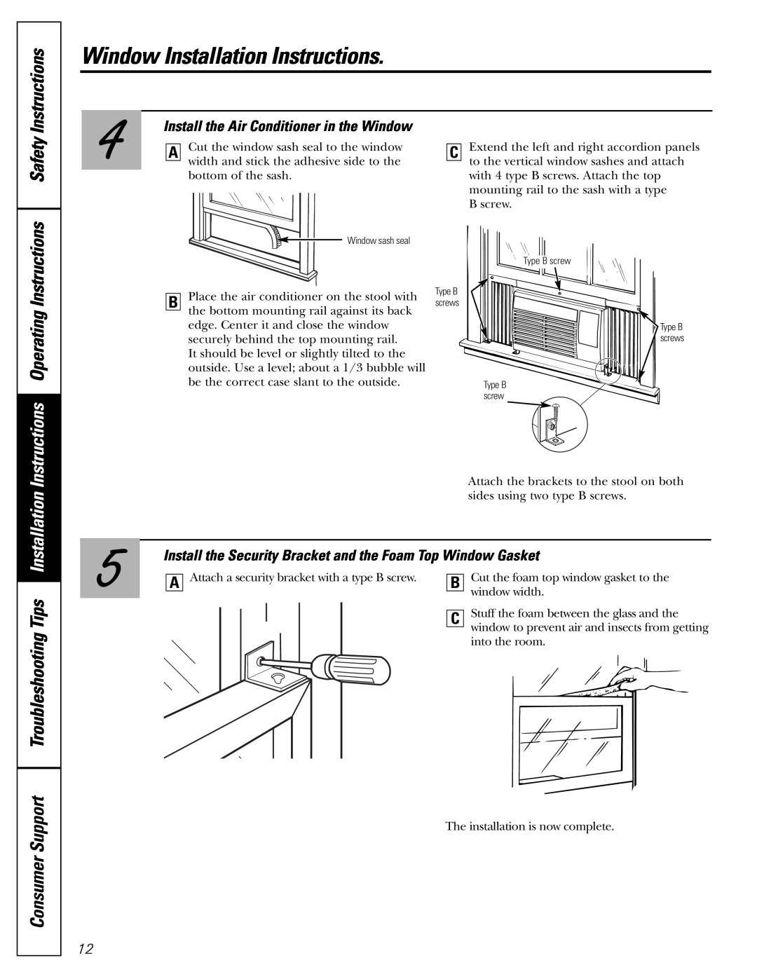 GE ASP05 Install the Air Conditioner in the Window, Window Installation Instructions, Safety, Instructions Operating 