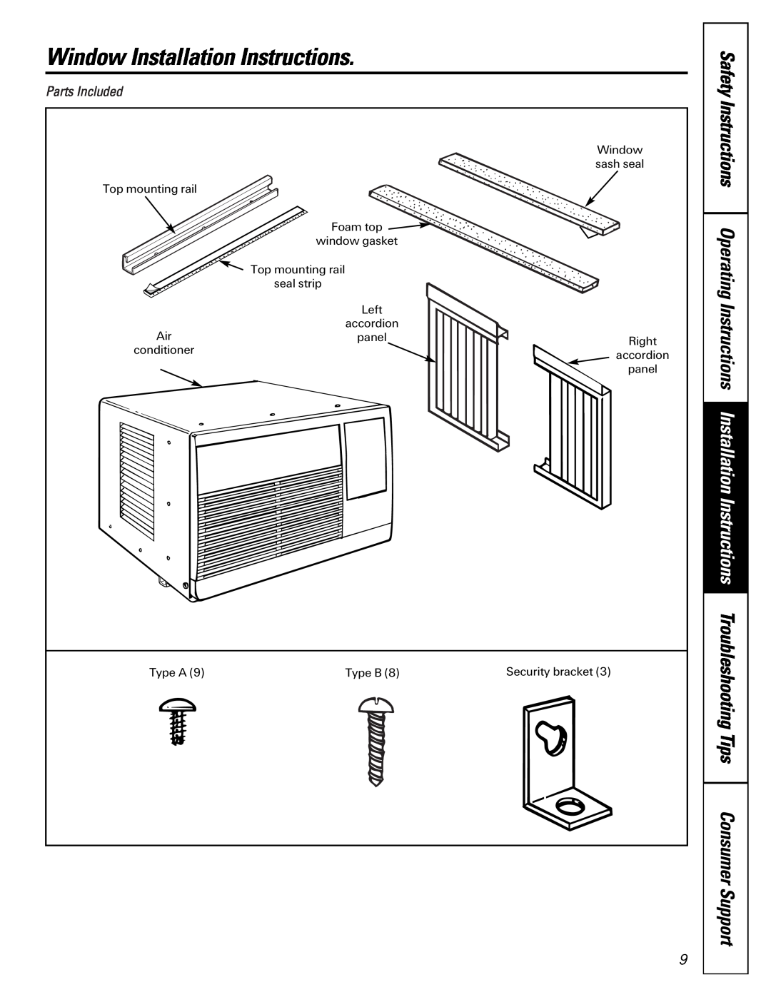 GE ASP05 owner manual Window Installation Instructions, Parts Included 