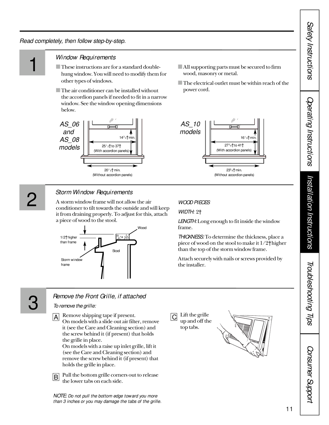 GE 49-7400, ASP08, ASP10, AST08 operating instructions Safety Instructions Operating, Storm Window Requirements 