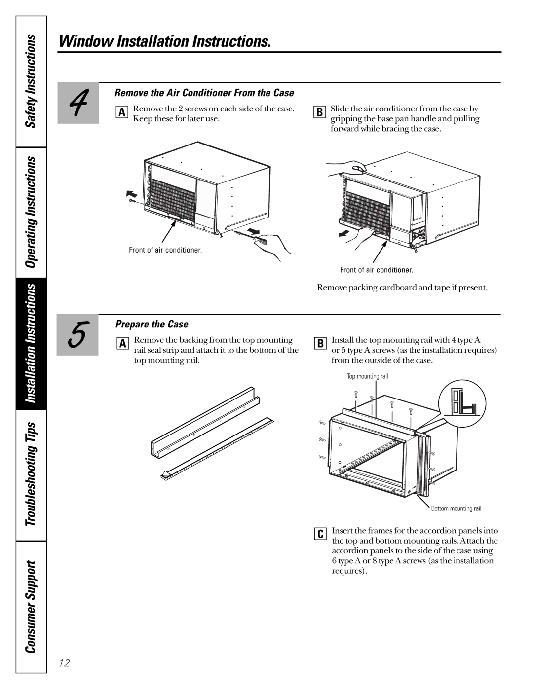 GE ASP08, ASP10 Operating Instructions Safety Instructions, Remove the Air Conditioner From the Case, Prepare the Case 