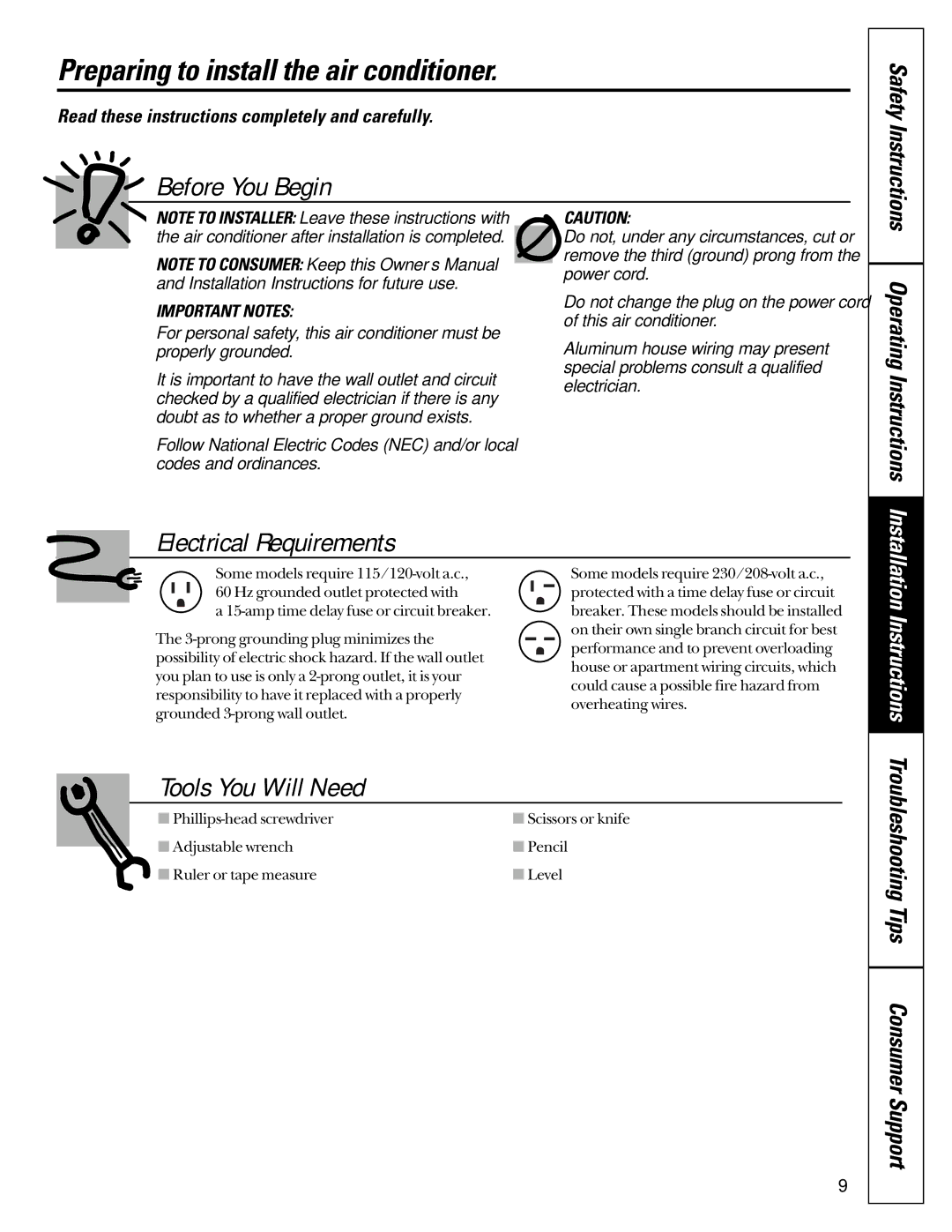 GE ASP10, ASP08, AST08, 49-7400 operating instructions Preparing to install the air conditioner, Operating Instructions 