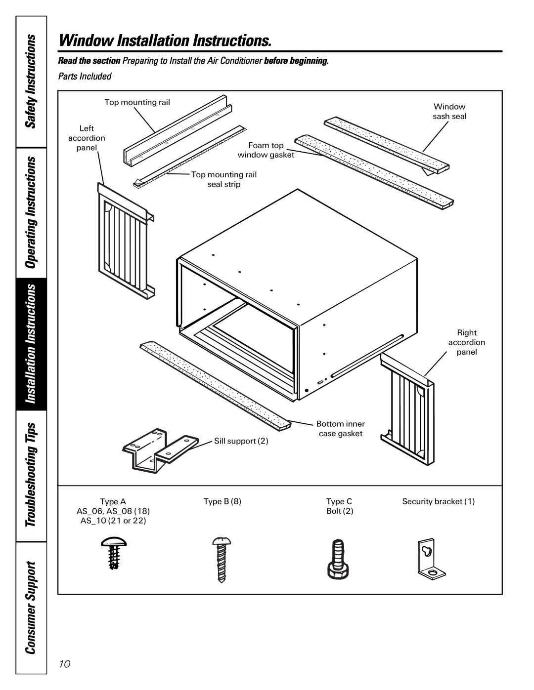 GE AST08, ASP08, ASP10, 49-7400 operating instructions Window Installation Instructions, Parts Included 