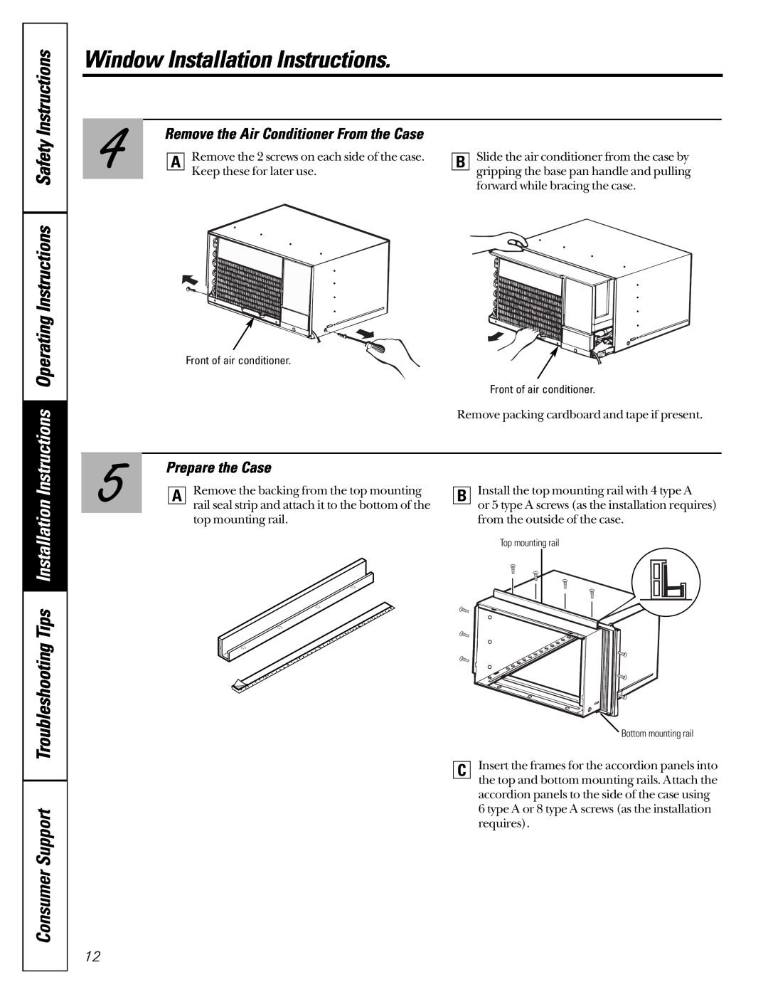 GE ASP08, ASP10 Operating Instructions Safety Instructions, Remove the Air Conditioner From the Case, Prepare the Case 