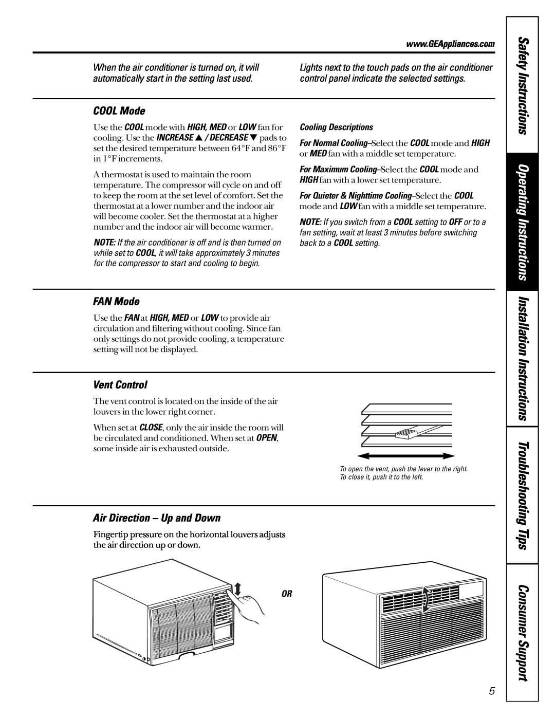 GE ASP10 Operating Instructions, COOL Mode, FAN Mode, Vent Control, Air Direction - Up and Down, Cooling Descriptions 