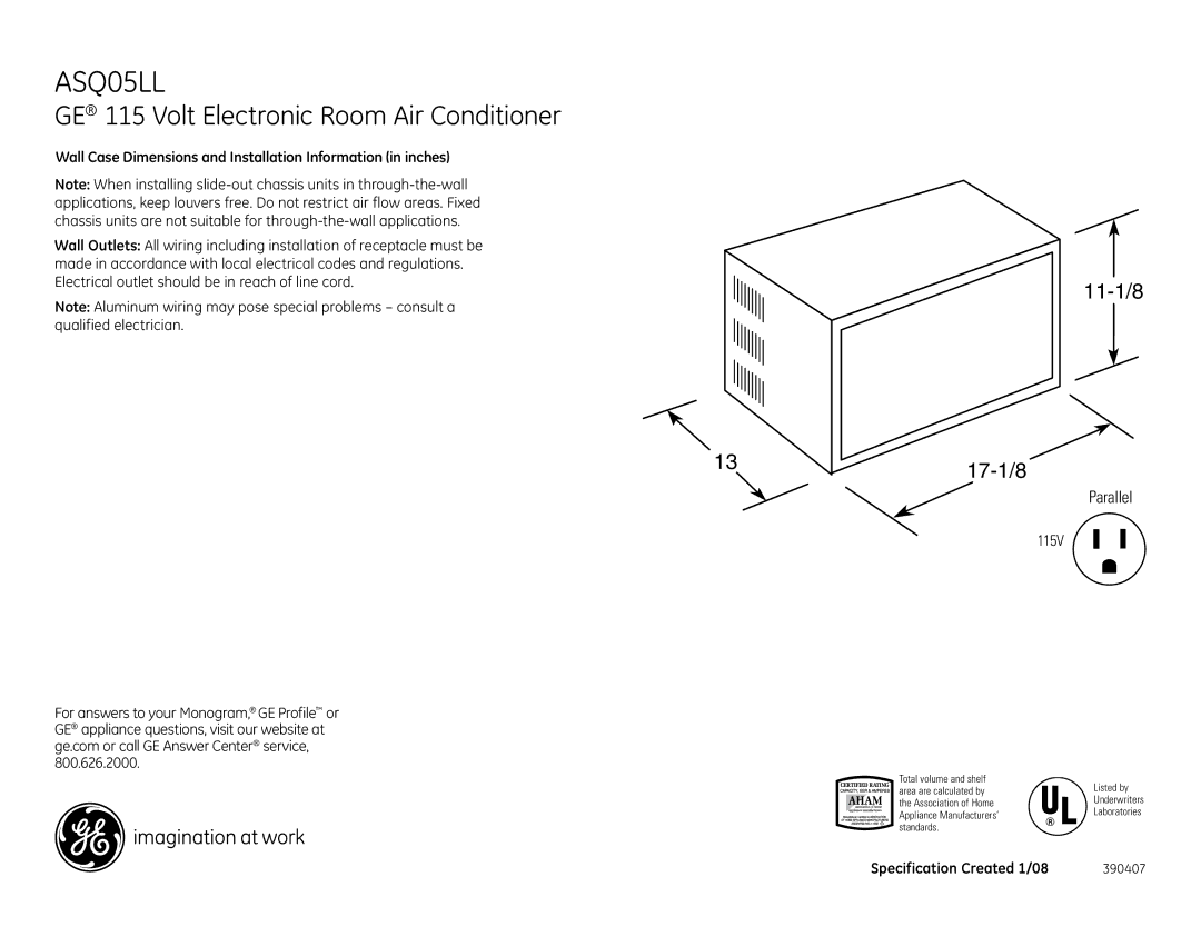 GE ASQ05LL dimensions GE 115 Volt Electronic Room Air Conditioner, 11-1/8 17-1/8, Parallel 